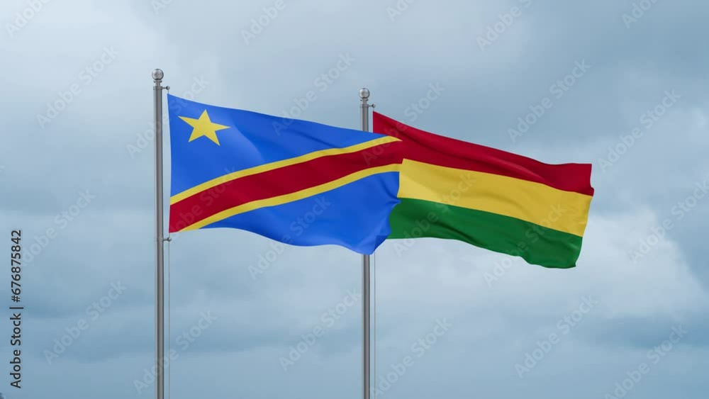 Bolivia flag and Democratic Republic of the Congo flag waving together on cloudy sky, endless seamless loop, two country relations concept Bolivia flag and Democratic Republic of the Congo flag waving together on cloudy sky, endless seamless loop, two country relations concept