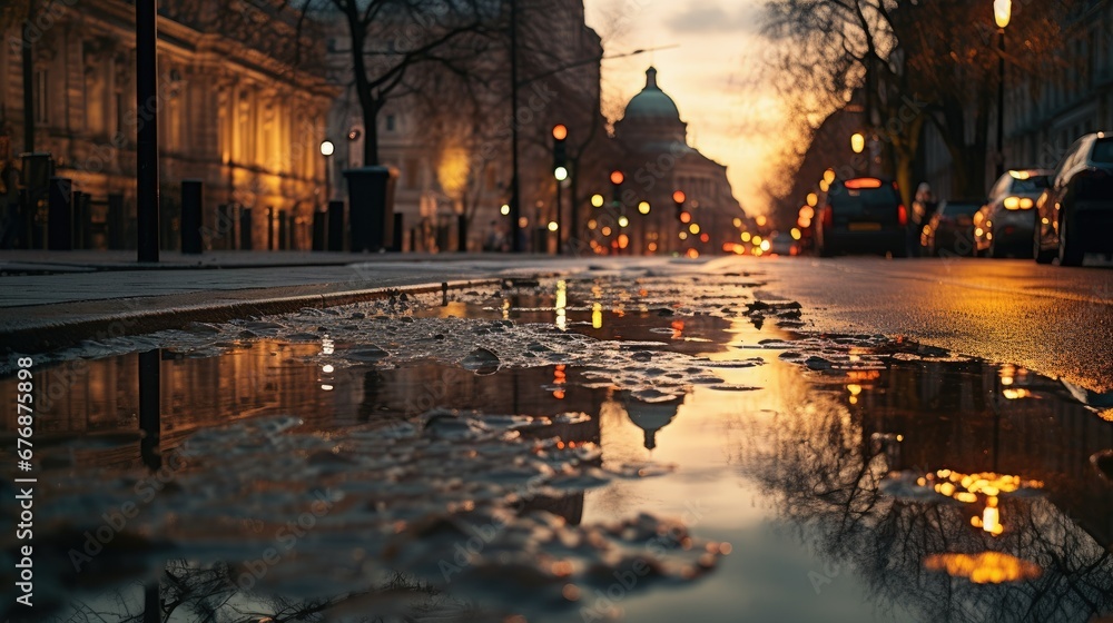 Puddles on City Streets at Dusk Photography