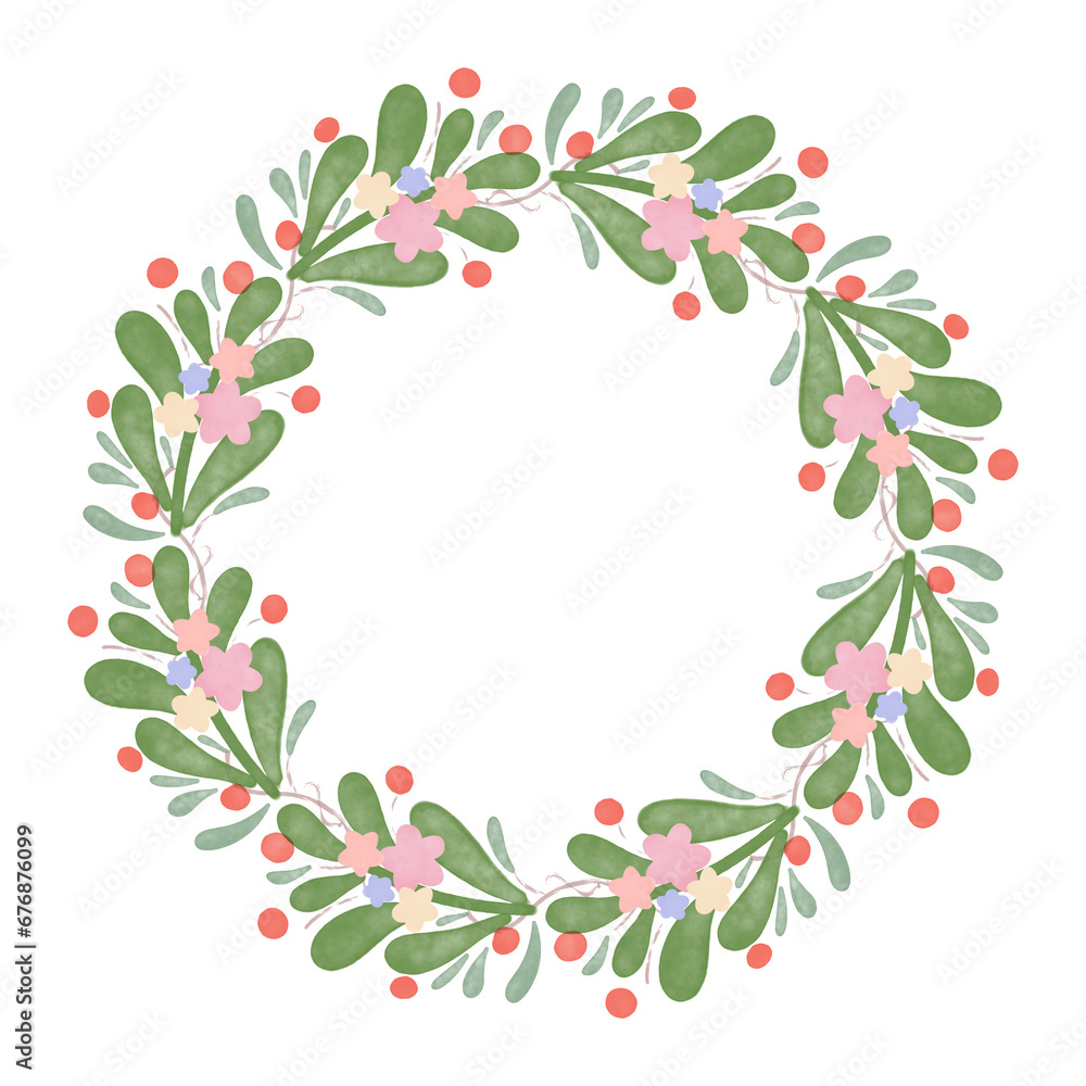 A lush and colorful wreath of flowers and leaves is digitally painted in a watercolor style. The wreath is made up of a variety of flowers