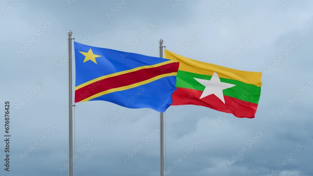 Myanmar aka Burma flag and Democratic Republic of the Congo flag waving together on cloudy sky, endless seamless loop, two country relations concept Myanmar aka Burma flag and Democratic Republic of the Congo flag waving together on cloudy sky, endless seamless loop, two country relations concept