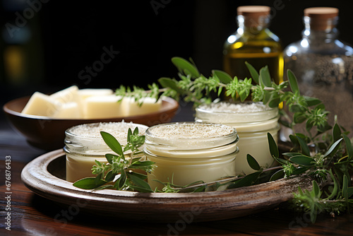  Spa setting with natural peppermint skincare products creams