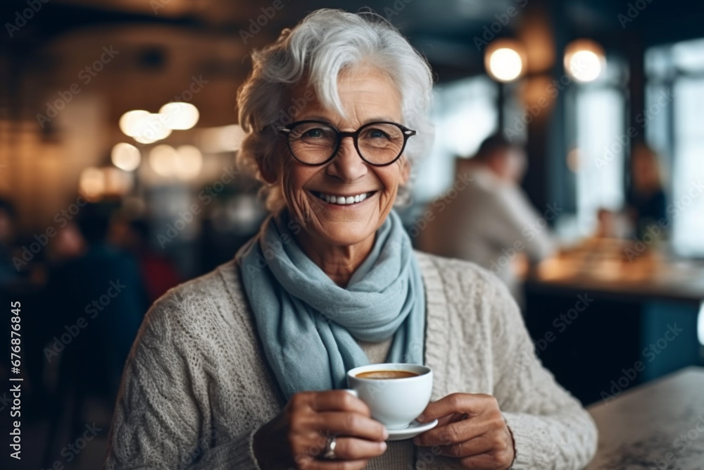 Timeless Tranquility: Elderly Woman Savoring Coffee in Charming Café Ambiance, AI generated Timeless Tranquility: Elderly Woman Savoring Coffee in Charming Café Ambiance, AI generated