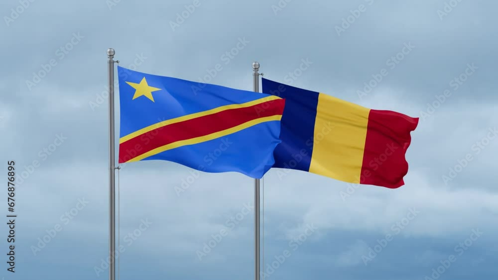Chad flag and Democratic Republic of the Congo flag waving together on cloudy sky, endless seamless loop, two country relations concept Chad flag and Democratic Republic of the Congo flag waving together on cloudy sky, endless seamless loop, two country relations concept
