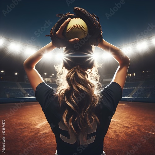 A wideangle shot of a softball player illuminated by the bright lights of the stadium photo