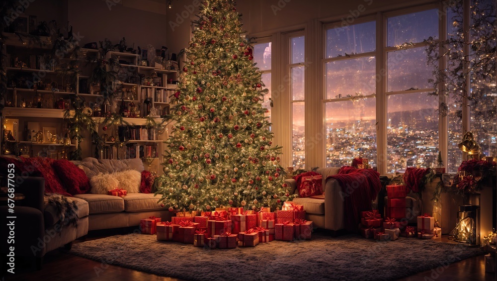 A cozy living room adorned with a majestic Christmas tree, surrounded by beautifully wrapped gifts, as the evening light streams in through the window, revealing a breathtaking cityscape
