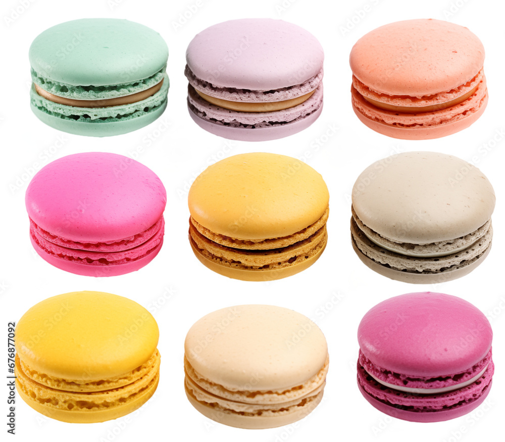 Collection of nine macarons in different colours isolated on transparent background, food bundle Collection of nine macarons in different colours isolated on transparent background, food bundle