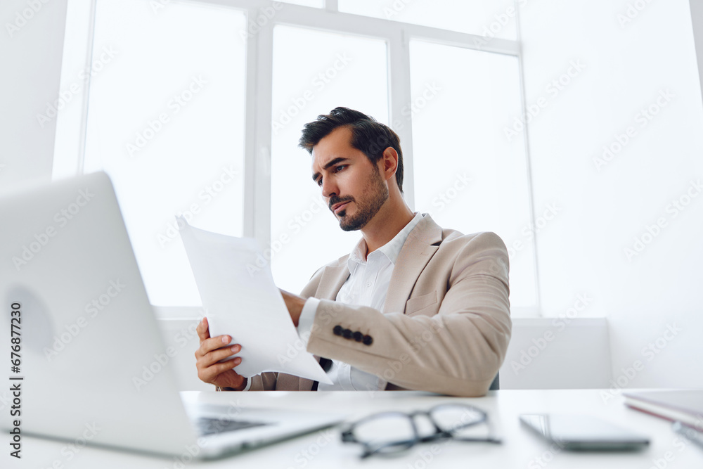 Paper businessman planning happy document holding laptop office company suit Paper businessman planning happy document holding laptop office company suit