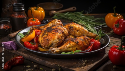 Succulent roast chicken sizzling in a hot pan, ready to be served with mouthwatering flavors