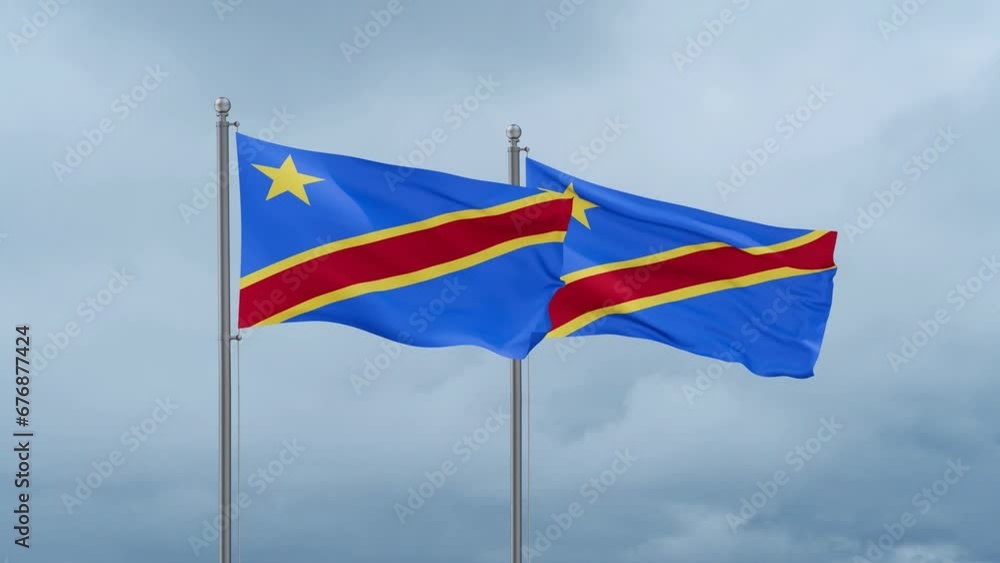Two Democratic Republic of the Congo flag waving together on cloudy sky, endless seamless loop, two country relations concept Two Democratic Republic of the Congo flag waving together on cloudy sky, endless seamless loop, two country relations concept