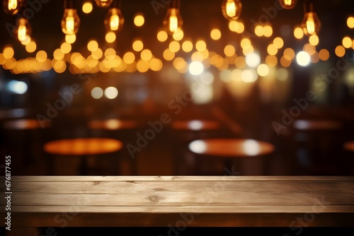  Image of wooden table in front of abstract blurred restaurant lights background.
