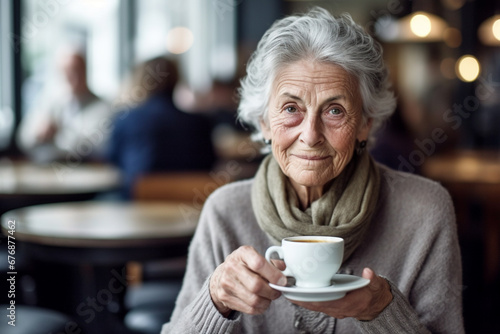 Timeless Tranquility: Elderly Woman Savoring Coffee in Charming Café Ambiance, AI generated