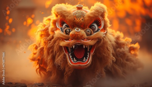 Lion dancer in mid leap, capturing the energy and grace of chinese new year celebration