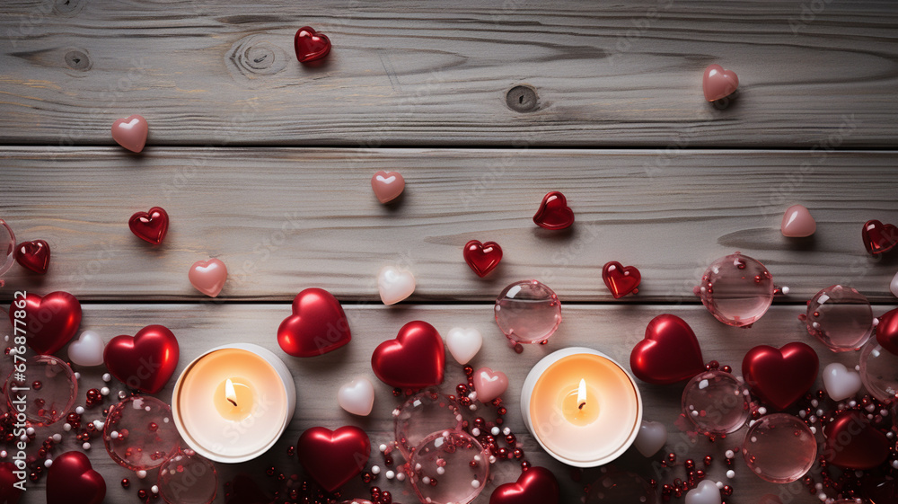 St. Valentine's Day concept. Wooden background with hearts, gifts, and candles. St. Valentine's Day concept. Wooden background with hearts, gifts, and candles.