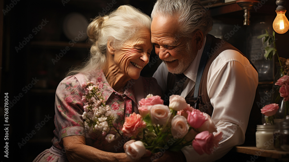 Senior man is giving his wife a bouquet of flowers on Valentine's Day Senior man is giving his wife a bouquet of flowers on Valentine's Day