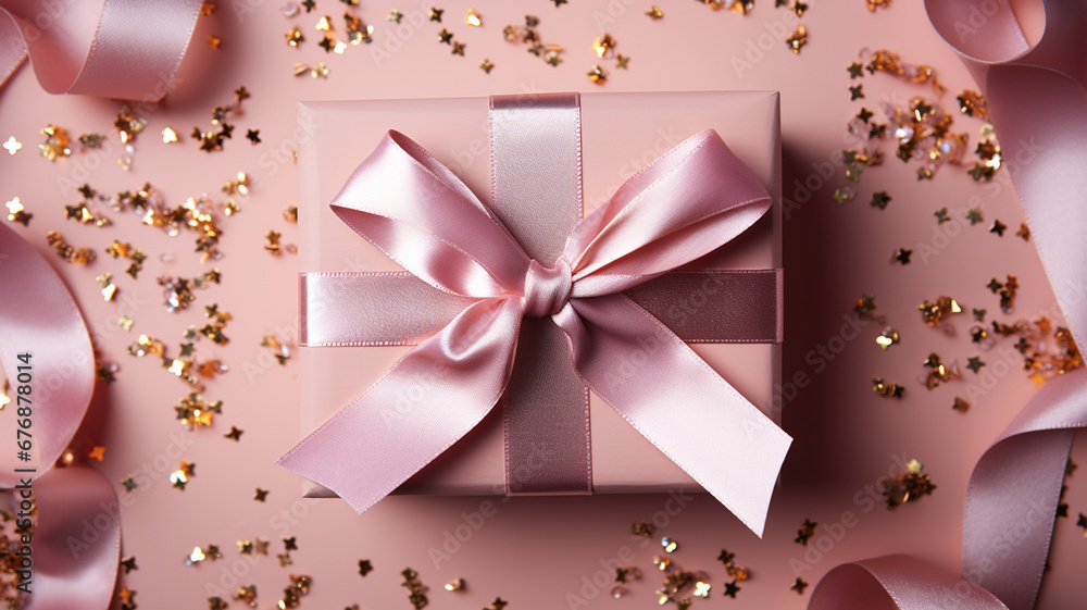 Pink gift box with bow on pink background with hearts and glitters. Valentines Day banner. Top view. Pink gift box with bow on pink background with hearts and glitters. Valentines Day banner. Top view.