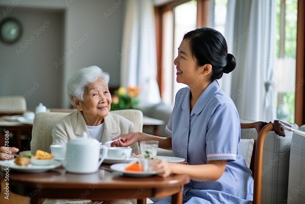 healthcare, an old woman eating breakfast at her house and at the living room table with a nurse. Assistance or dialogue, caretaker and discussion with a medical professional with an elderly woman