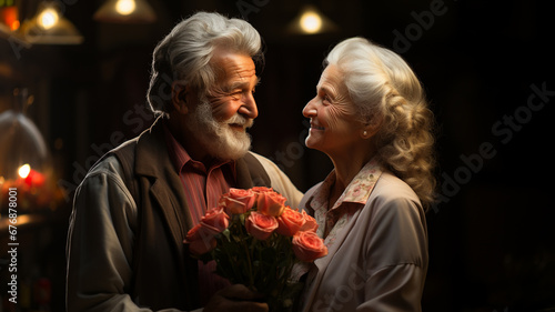 Senior man is giving his wife a bouquet of flowers on Valentine's Day