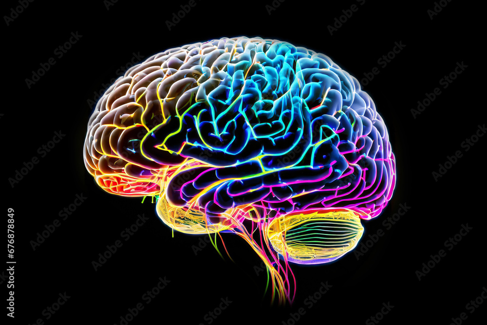 Digital illustration of a human brain with colorful bright colors. Symbolizing artificial intelligence, futuristic digital technology human and robot face close up, digital smart world. ai generated. Digital illustration of a human brain with colorful bright colors. Symbolizing artificial intelligence, futuristic digital technology human and robot face close up, digital smart world. ai generated.
