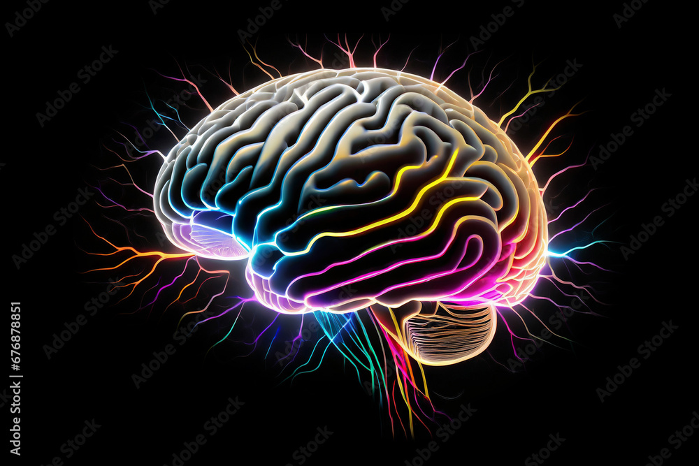 Digital illustration of a human brain with colorful bright colors. Symbolizing artificial intelligence, futuristic digital technology human and robot face close up, digital smart world. ai generated. Digital illustration of a human brain with colorful bright colors. Symbolizing artificial intelligence, futuristic digital technology human and robot face close up, digital smart world. ai generated.