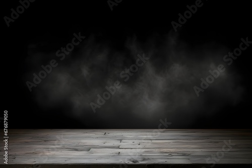  Old wood table top with smoke in the dark background.