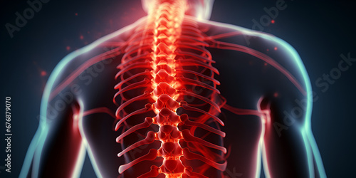 Human skeleton anatomy xray on dark background 3D rendering highlighted Lower back pain showing with red holographic spine, A back of a person with ribs, generative AI