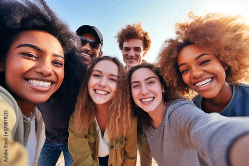 Young individuals of different races smiling together in front of the camera - Joyful group of friends enjoying themselves while snapping a selfie with a smart phone - A concept of a youth community photo
