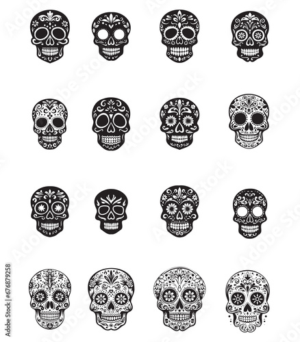shaped skull set, skull art, mexican style, day of the dead, ready to print, ready for tattoo, cutting file, for cricut
