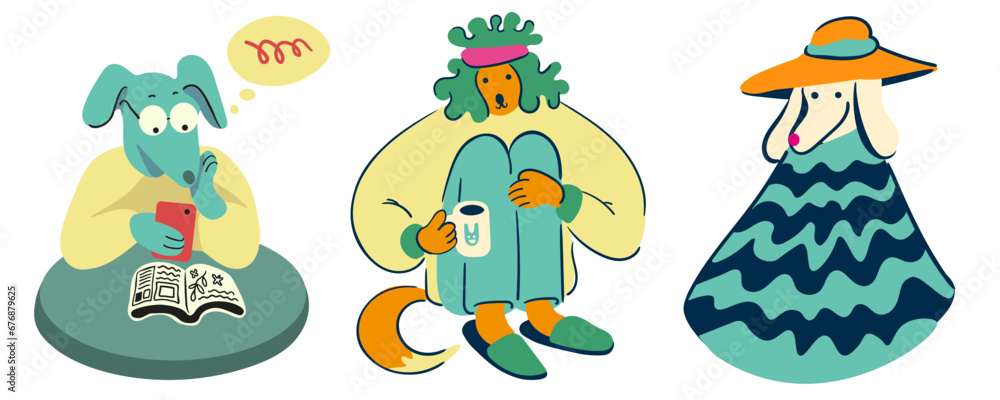 set of humans as dogs in vector.Template for postcard sticker logo poster for app website. A series of furry dogs in flat style set of humans as dogs in vector.Template for postcard sticker logo poster for app website. A series of furry dogs in flat style