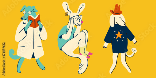 set of humans as dogs in vector.Template for postcard sticker logo poster for app website. A series of furry dogs in flat style