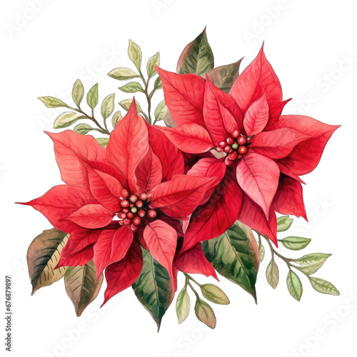 Red Christmas decoration with poinsettia, isolated on white transparent background
