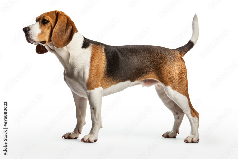 Beagle dog side view on white background