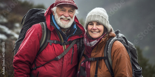 Adventurous Elderly Couple Embarks on a Joyful Trekking Expedition in the Majestic Mountains  AI generated