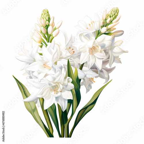 digital illustration of blooming white tuberose flowers with buds isolated on white background