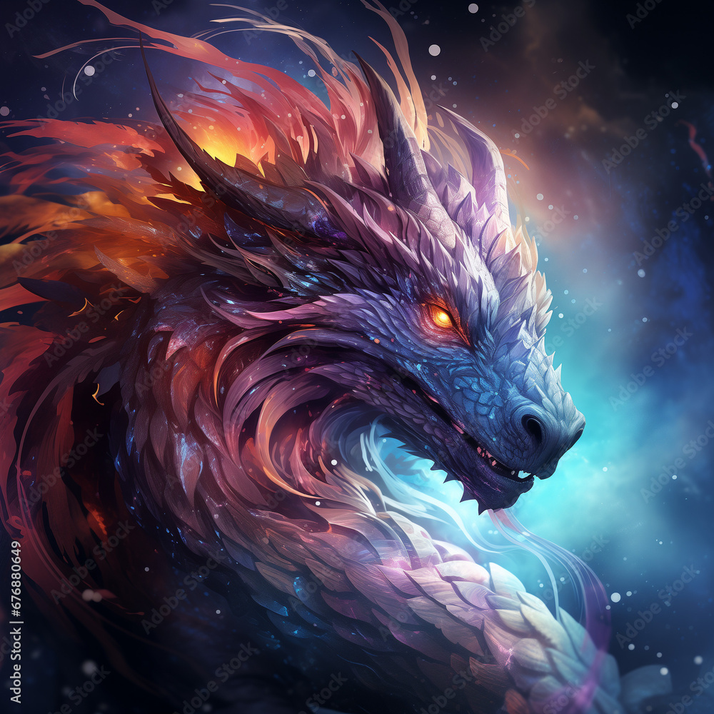 Obraz premium A dragon with a glimmer of starlight, the universe and galaxies adorn the sky with wisps of smoke. Chinese new year 2024