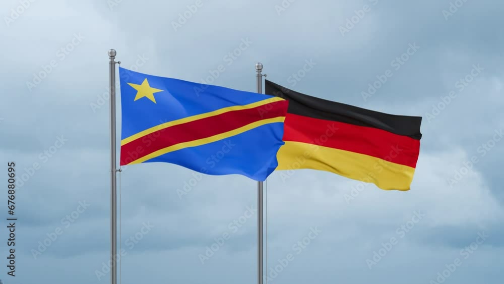 Germany flag and Democratic Republic of the Congo flag waving together on cloudy sky, endless seamless loop, two country relations concept Germany flag and Democratic Republic of the Congo flag waving together on cloudy sky, endless seamless loop, two country relations concept