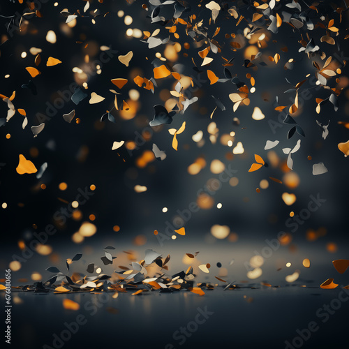 Colorful confetti and in a greeting card and party invitation template, dark background