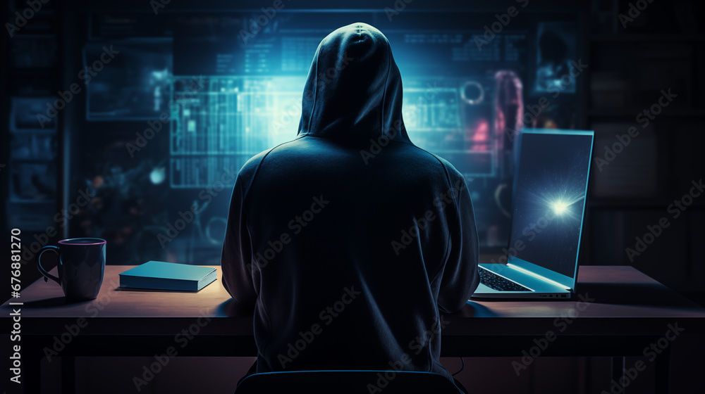 silhouette of a hacker working on a computer with multiple screens displaying code silhouette of a hacker working on a computer with multiple screens displaying code