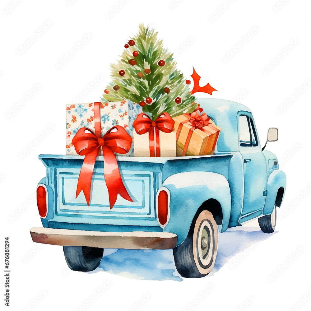 Pickup truck with gifts and christmass tree watercolor paint