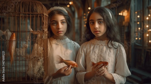 2 girls in a white dress holding a goldfish Surrealism image Generative AI 