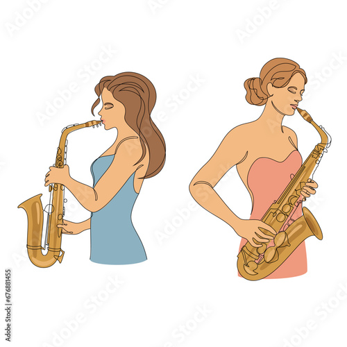 Collection. Silhouette of a beautiful woman playing the saxophone in a modern continuous line style. Slim girl saxophonist. Decor sketches, posters, stickers, logo. set of vector illustrations
