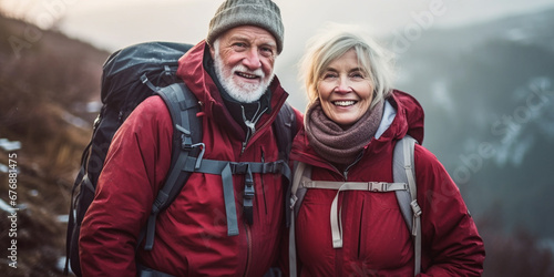 Adventurous Elderly Couple Embarks on a Joyful Trekking Expedition in the Majestic Mountains, AI generated