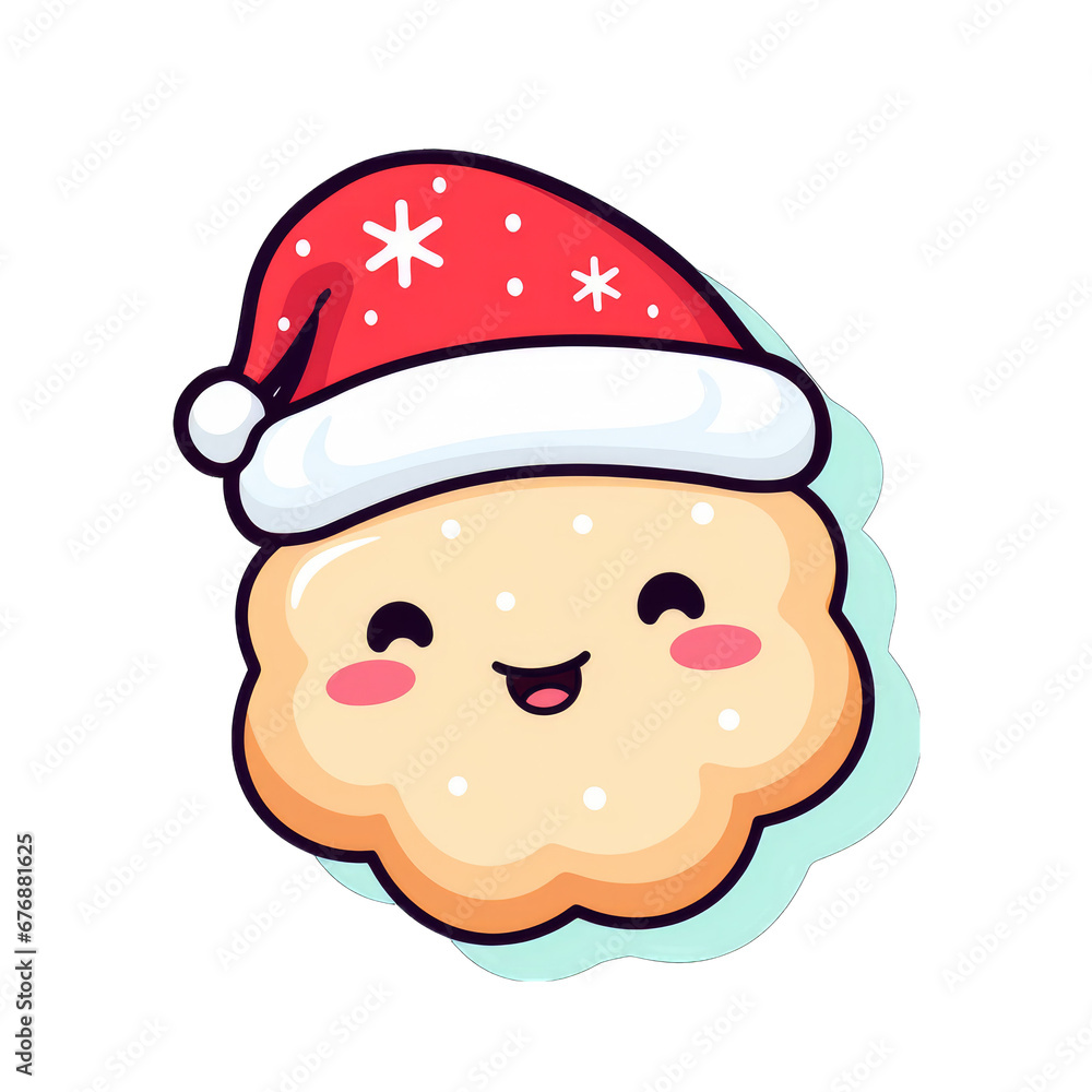 Christmas sugar cookie, wearing a santa hat, kawaii cute style, isolated on white Christmas sugar cookie, wearing a santa hat, kawaii cute style, isolated on white