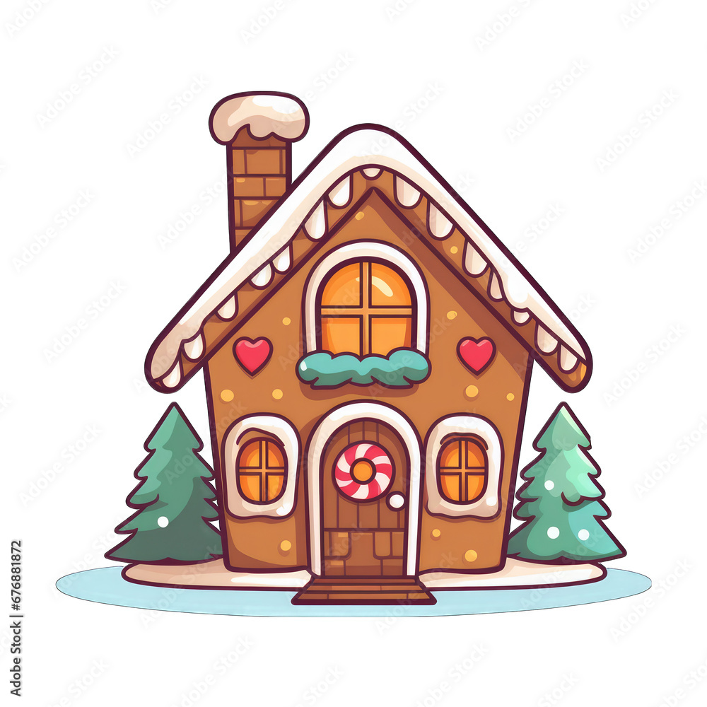 Cute cartoon Kawaii christmas gingerbread house, isolated on transparent background Cute cartoon Kawaii christmas gingerbread house, isolated on transparent background