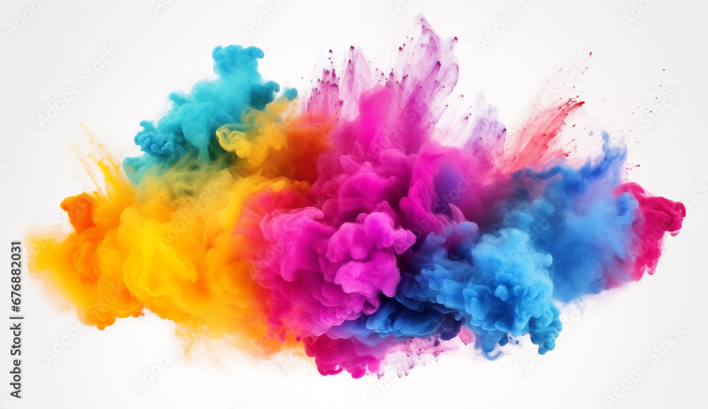 Colorful rainbow paint powder explosion in vibrant colors on white background