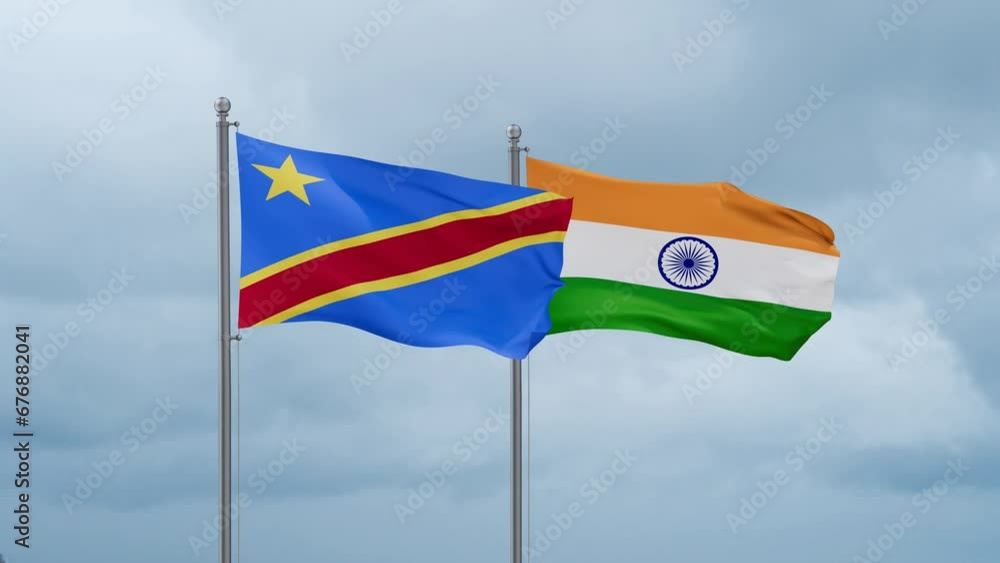 India flag and Democratic Republic of the Congo flag waving together on cloudy sky, endless seamless loop, two country relations concept India flag and Democratic Republic of the Congo flag waving together on cloudy sky, endless seamless loop, two country relations concept
