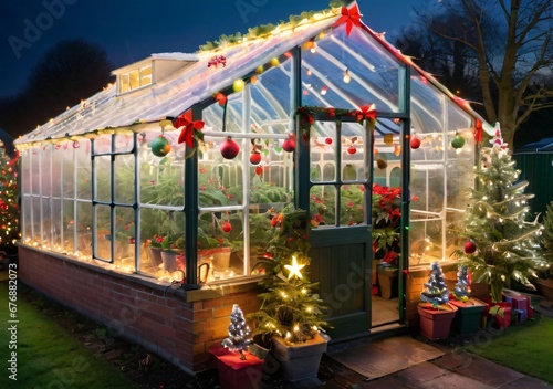 Christmas Lights On A Greenhouse, With A Glimpse Of Festive Plants Inside. © Pixel Matrix