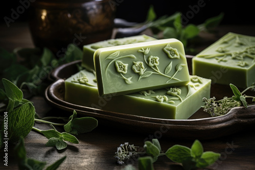 Beautiful natural basil soap bar on dark background. Handmade organic soap