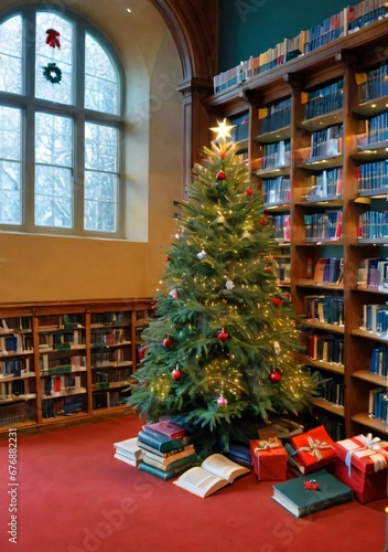 Wallpaper Mural A Christmas Tree In A Library, With Books As Gifts Underneath. Torontodigital.ca