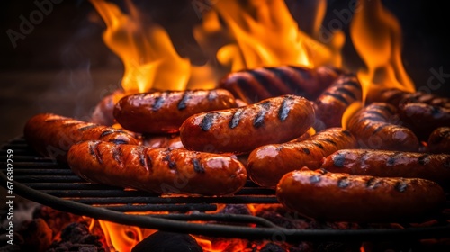 Sausages on the barbecue grill with flames