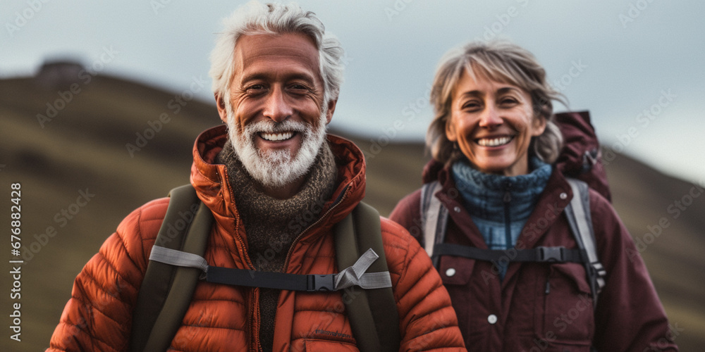 Adventurous Elderly Couple Embarks on a Joyful Trekking Expedition in the Majestic Mountains, AI generated Adventurous Elderly Couple Embarks on a Joyful Trekking Expedition in the Majestic Mountains, AI generated
